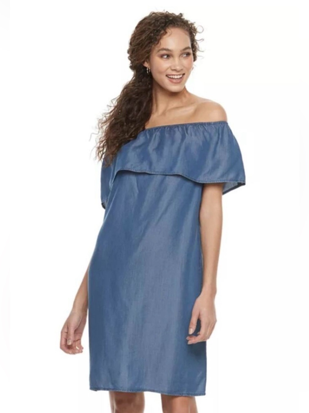 NWT Apt. 9 Denim Off-the-Shoulder Mini Dress - Ruffle Flounce - L